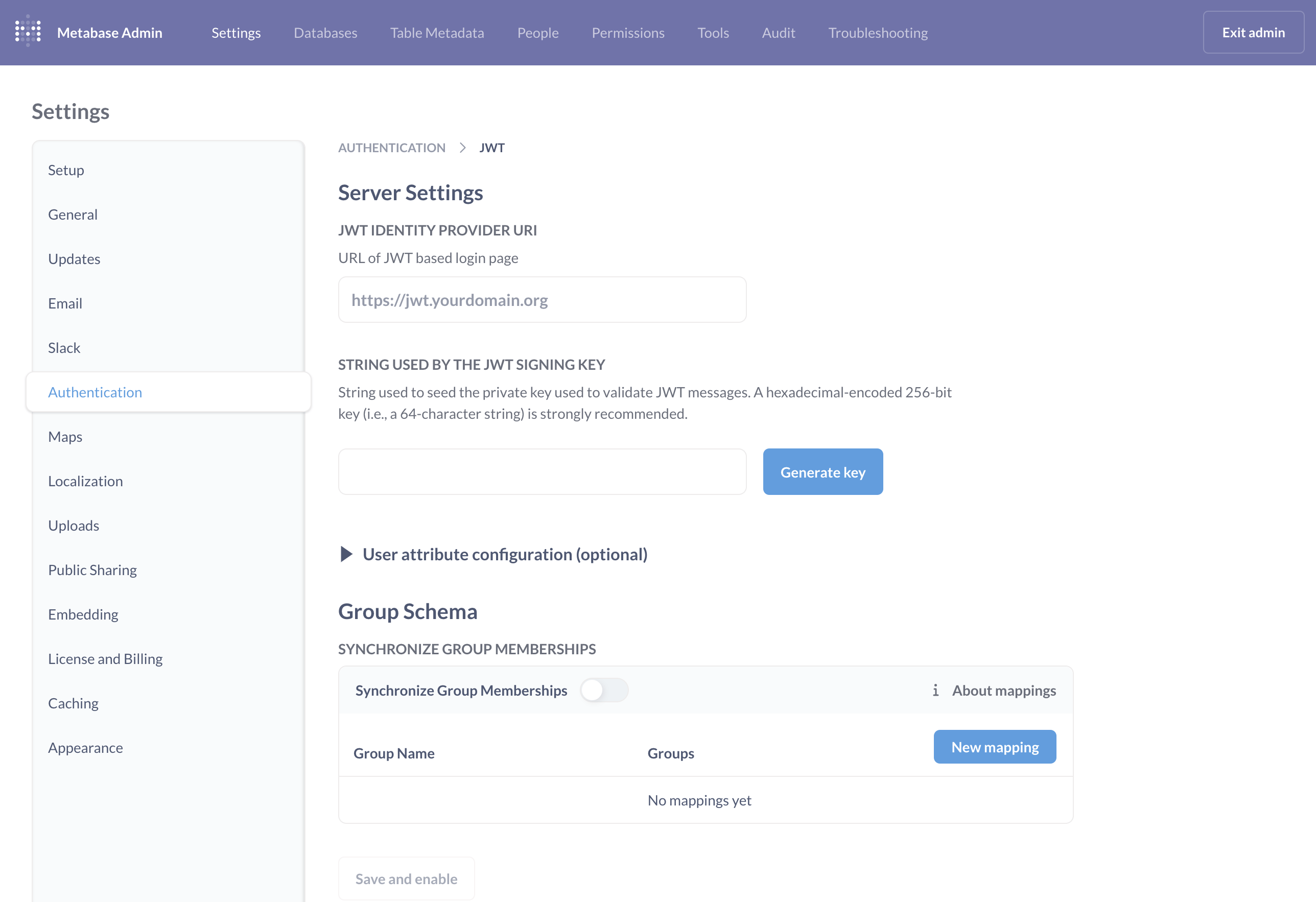 Admin settings: Authentication > JWT setup.